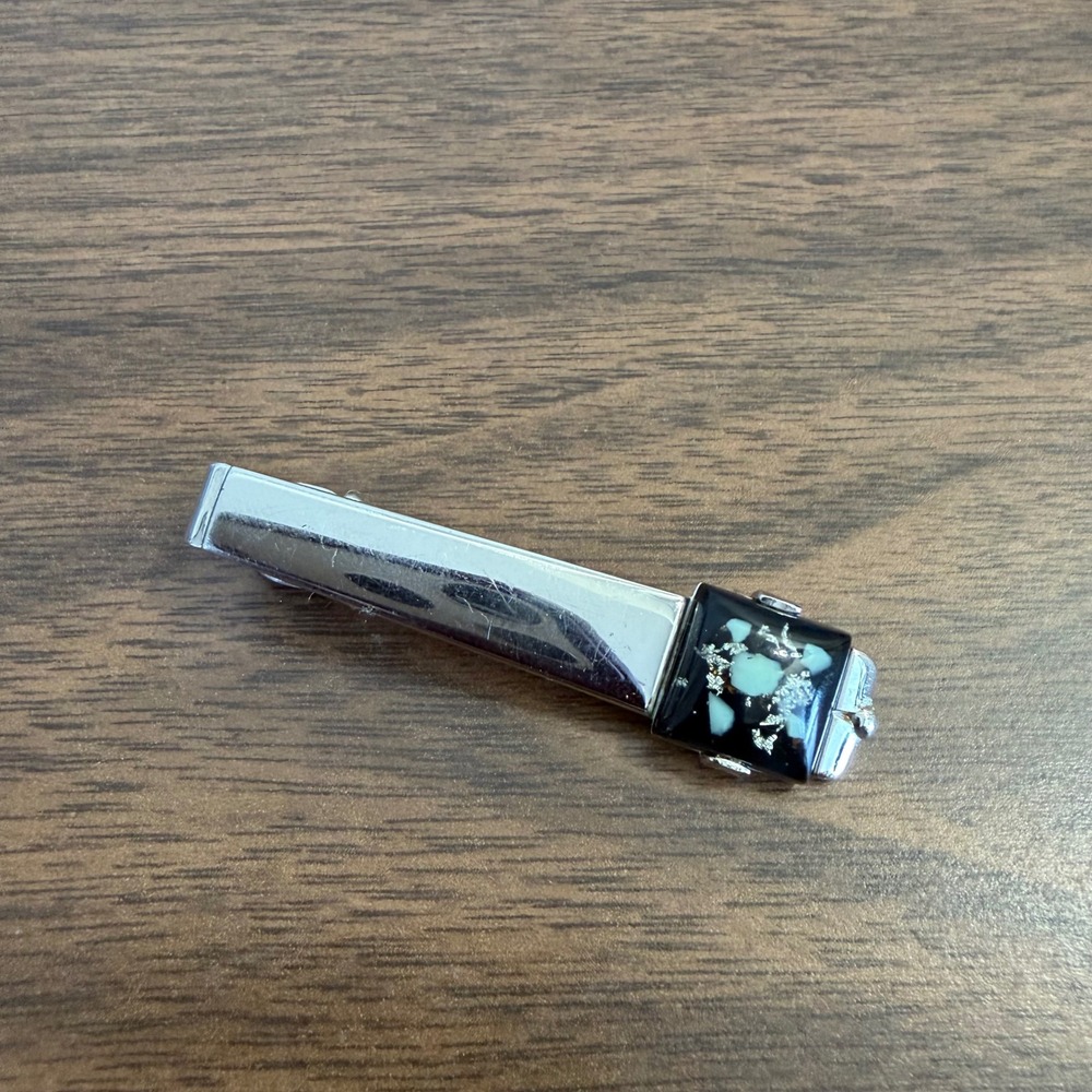 Anson Vintage Tie Clip Silver Tone Black Resin Turquoise Chip Silver Foil MCM